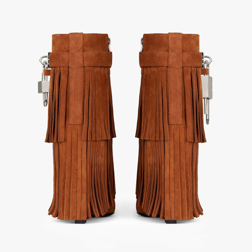 Edgy Metal Lock Layer Fringe Suede Wedge Heel Ankle Boots - Brown