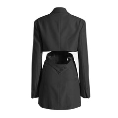 Edgy Notch Lapel Belted Shoulder Pad Cutout Single Breasted Long Tailored Blazer