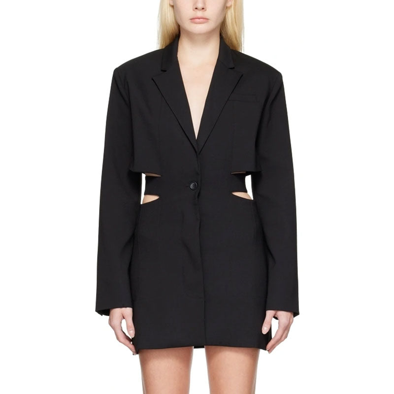 Edgy Notch Lapel Belted Shoulder Pad Cutout Single Breasted Long Tailored Blazer