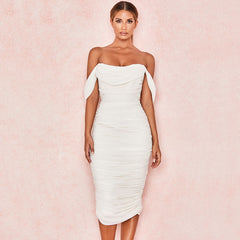 Elegant Cowl Neck Off Shoulder Ruched Cocktail Midi Dress - White