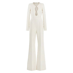 Elegant Crystal Embellished Cutout High Waist Long Sleeve Flared Jumpsuit