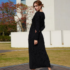 Elegant Faux Feather Rhinestone Mesh Long Sleeve High Split Evening Maxi Dress