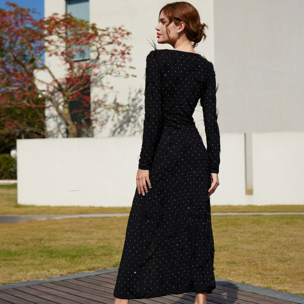 Elegant Faux Feather Rhinestone Mesh Long Sleeve High Split Evening Maxi Dress