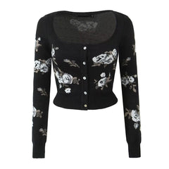 Elegant Floral Print Scoop Neck Button Up Long Sleeve Crop Knit Cardigan