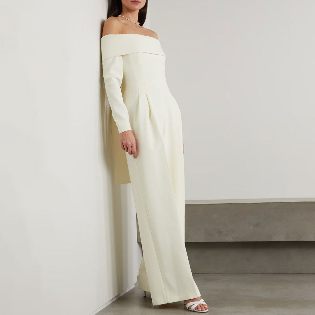 Elegant Folded Off Shoulder Bow Tie Back Long Sleeve Wide Leg Crepe Jumpsuit