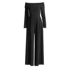 Elegant Folded Off Shoulder Bow Tie Back Long Sleeve Wide Leg Crepe Jumpsuit