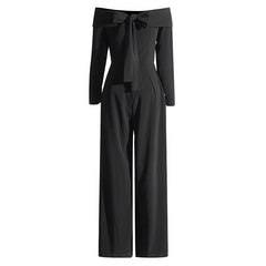 Elegant Folded Off Shoulder Bow Tie Back Long Sleeve Wide Leg Crepe Jumpsuit