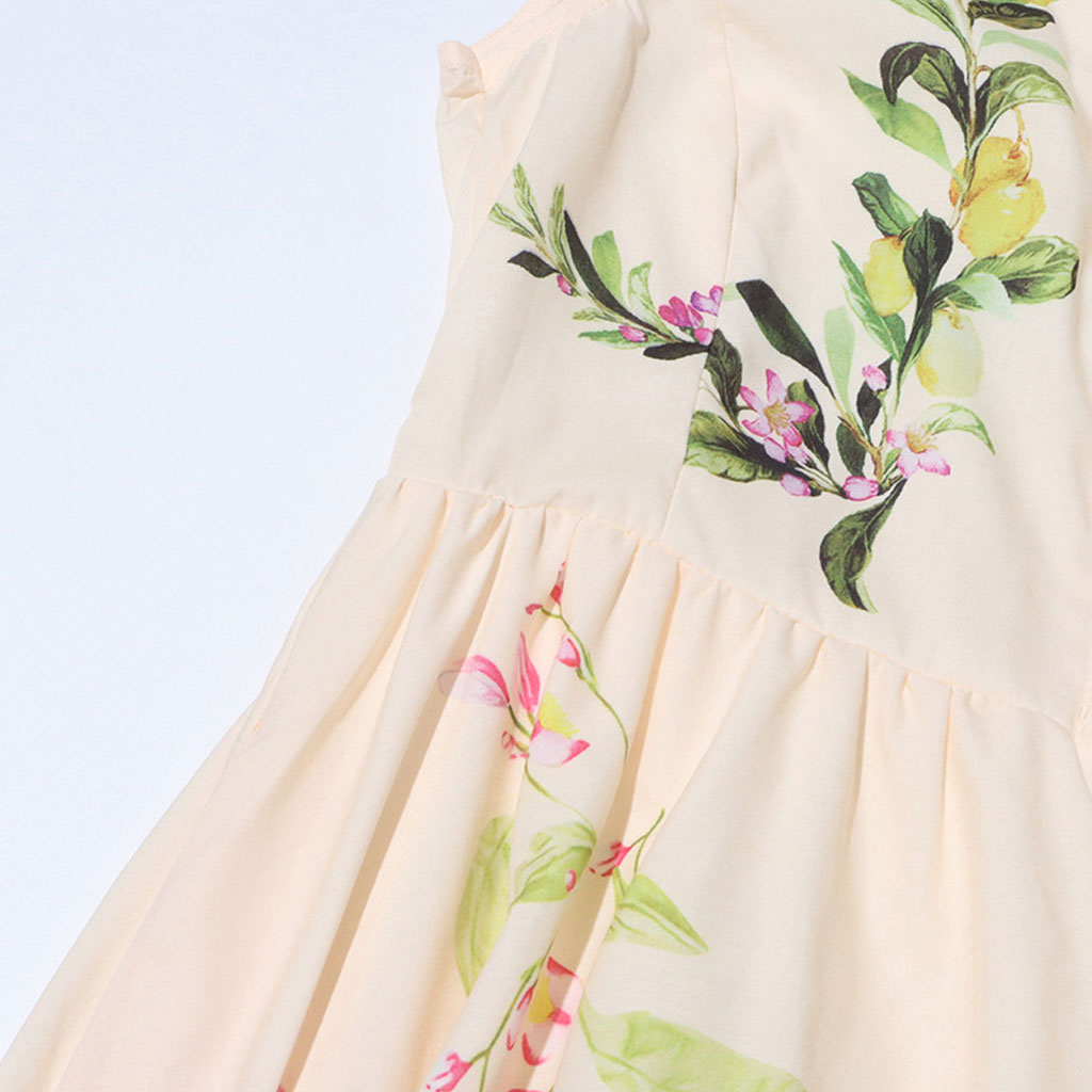 Elegant Fruit Printed Folded Collar Button Up Sleeveless Tie Belt Midi Dress