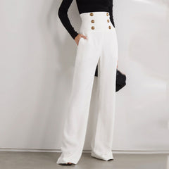 Elegant Gold Button Detail High Waist Flare Pants - White