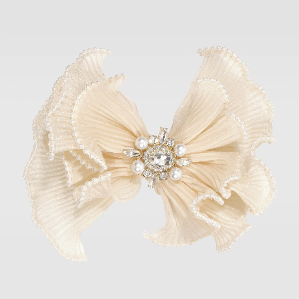 Elegant Pearl Embellished Rhinestone Charm Organza Bowknot Hairpin - Beige