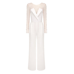 Elegant Pearl Sheer Tulle Bodysuit Lapel Strapless Jumpsuit Matching Set