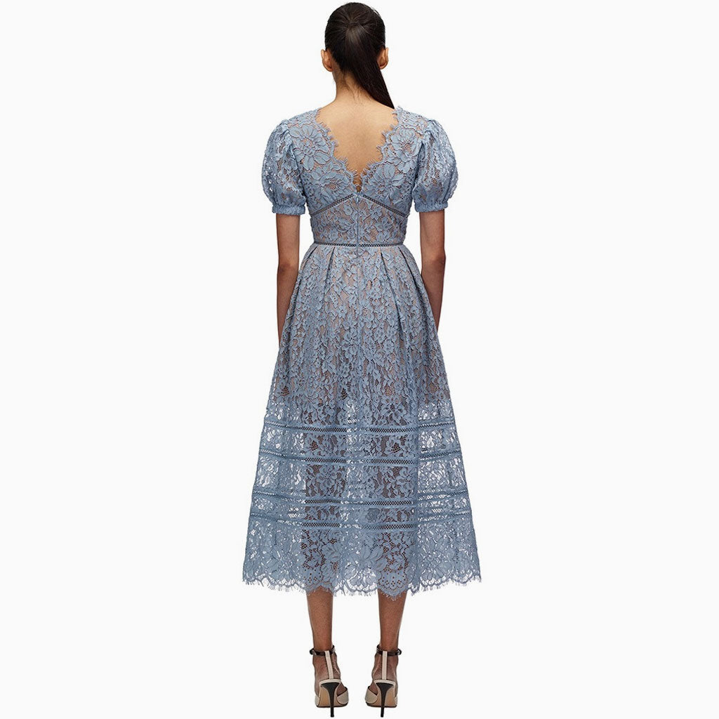 Elegant Puff Sleeve V Neck Embroidered Lace Midi Dress - Dusty Blue