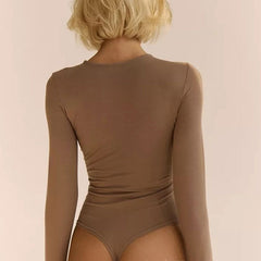 Elegant Ruched Twist Front Long Sleeve High Leg Thong Bodysuit - Khaki