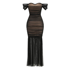 Elegant Sweetheart Neck Off Shoulder Ruched Mesh Fishtail Evening Maxi Dress