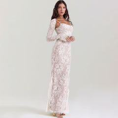 Exquisite Shrug Spaghetti Strap Sleeveless Ruched Evening Maxi Floral Lace Dress