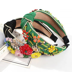 Fabulous Flower Beaded Embellished Knotted Hair Band - Green