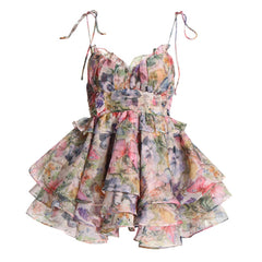 Fairy Butterfly Print Tie Strap High Waist Ruffle Tiered Micro Mini Sundress