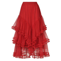 Fairy Ruched High Waist Stringy Selvedge Trim Ruffled Tiered Tulle Midi Skirt