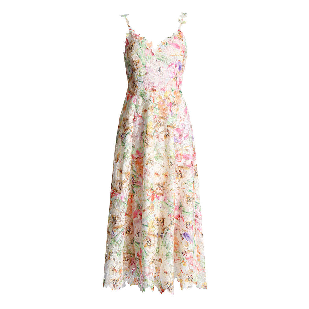 Fairy Spaghetti Strap V Neck Fit And Flare Floral Guipure Lace Midi Sundress