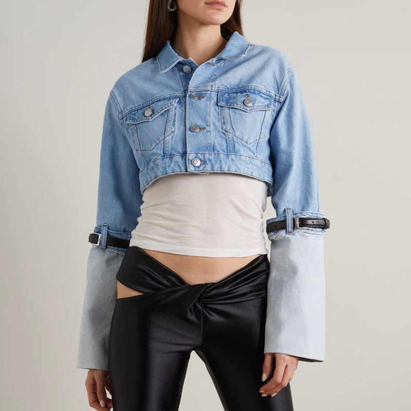 Fashion Forward Belted Turn Up Hybrid Long Sleeve Button Up Crop Denim Jacket