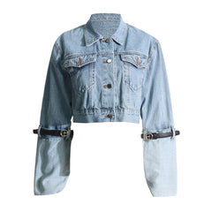 Fashion Forward Belted Turn Up Hybrid Long Sleeve Button Up Crop Denim Jacket