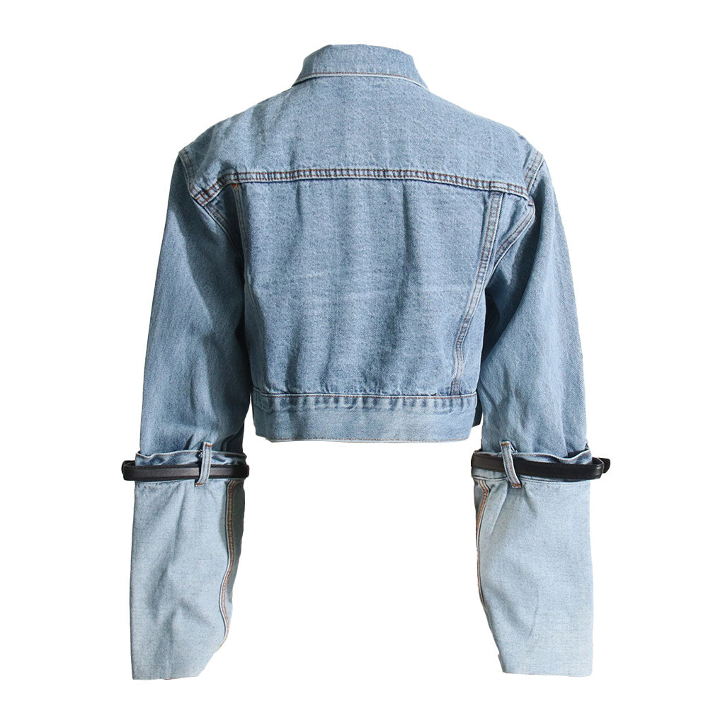 Fashion Forward Belted Turn Up Hybrid Long Sleeve Button Up Crop Denim Jacket