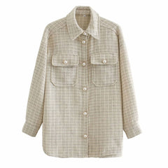 Fashion Gingham Pearl Button Balloon Sleeve Tweed Shirt Jacket - Beige