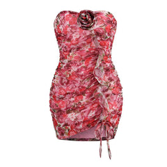 Feminine Floral Print Rosette Sweetheart Ruffle Trim Ruched Mini Tube Dress