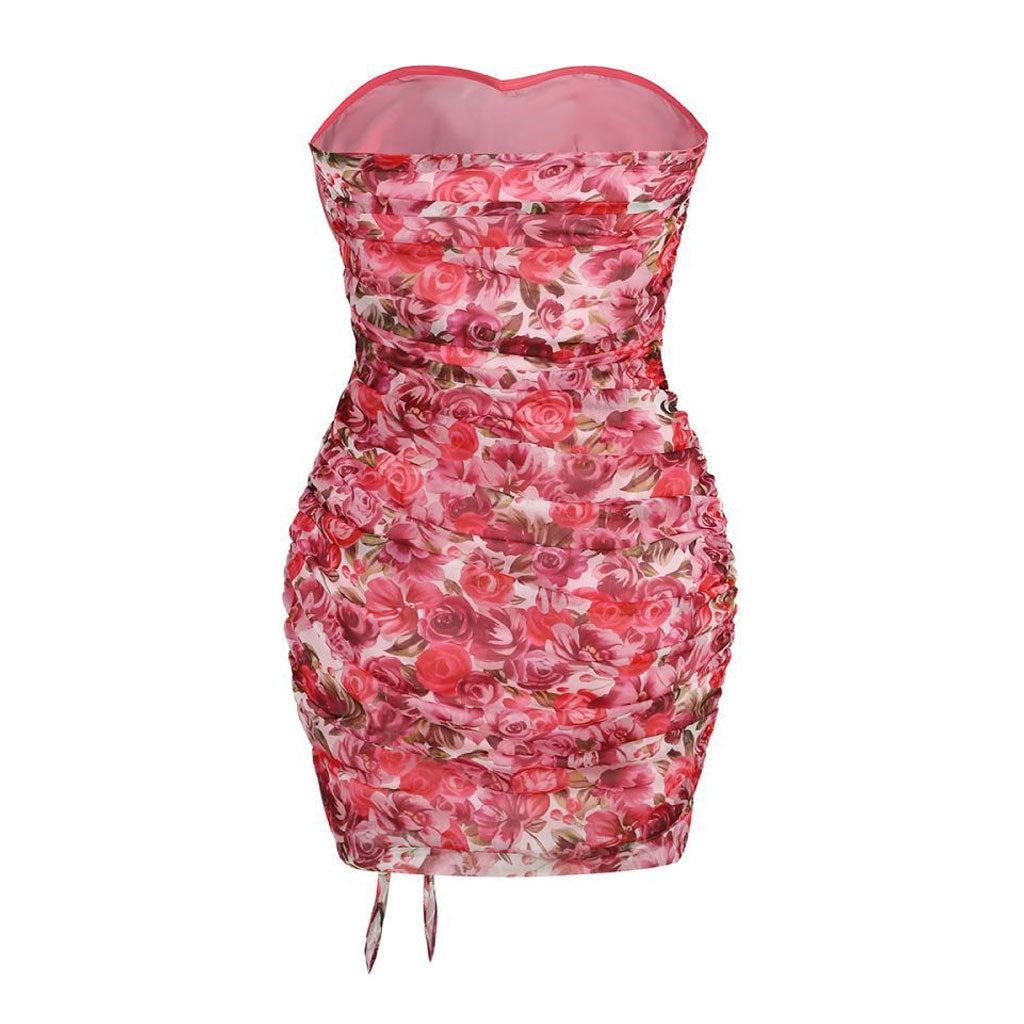 Feminine Floral Print Rosette Sweetheart Ruffle Trim Ruched Mini Tube Dress