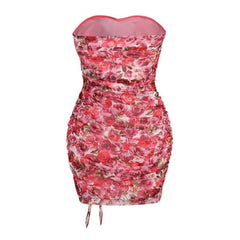 Feminine Floral Print Rosette Sweetheart Ruffle Trim Ruched Mini Tube Dress