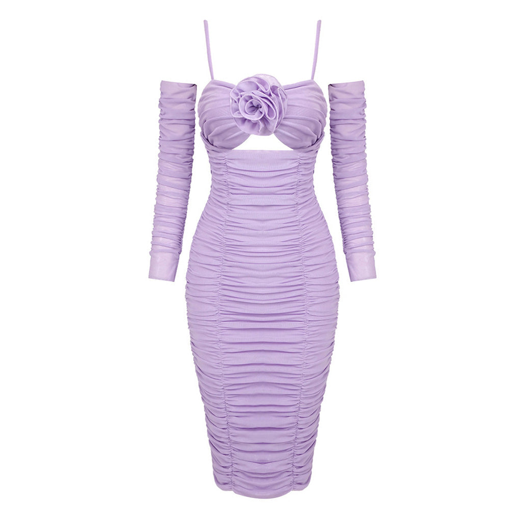 Feminine Spaghetti Strap Cutout Ruched Mesh Bodycon Rosette Midi Dress