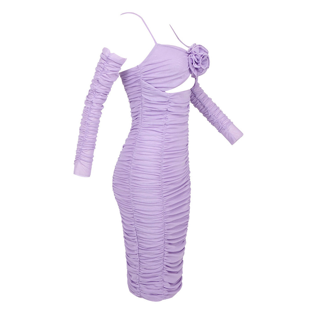 Feminine Spaghetti Strap Cutout Ruched Mesh Bodycon Rosette Midi Dress