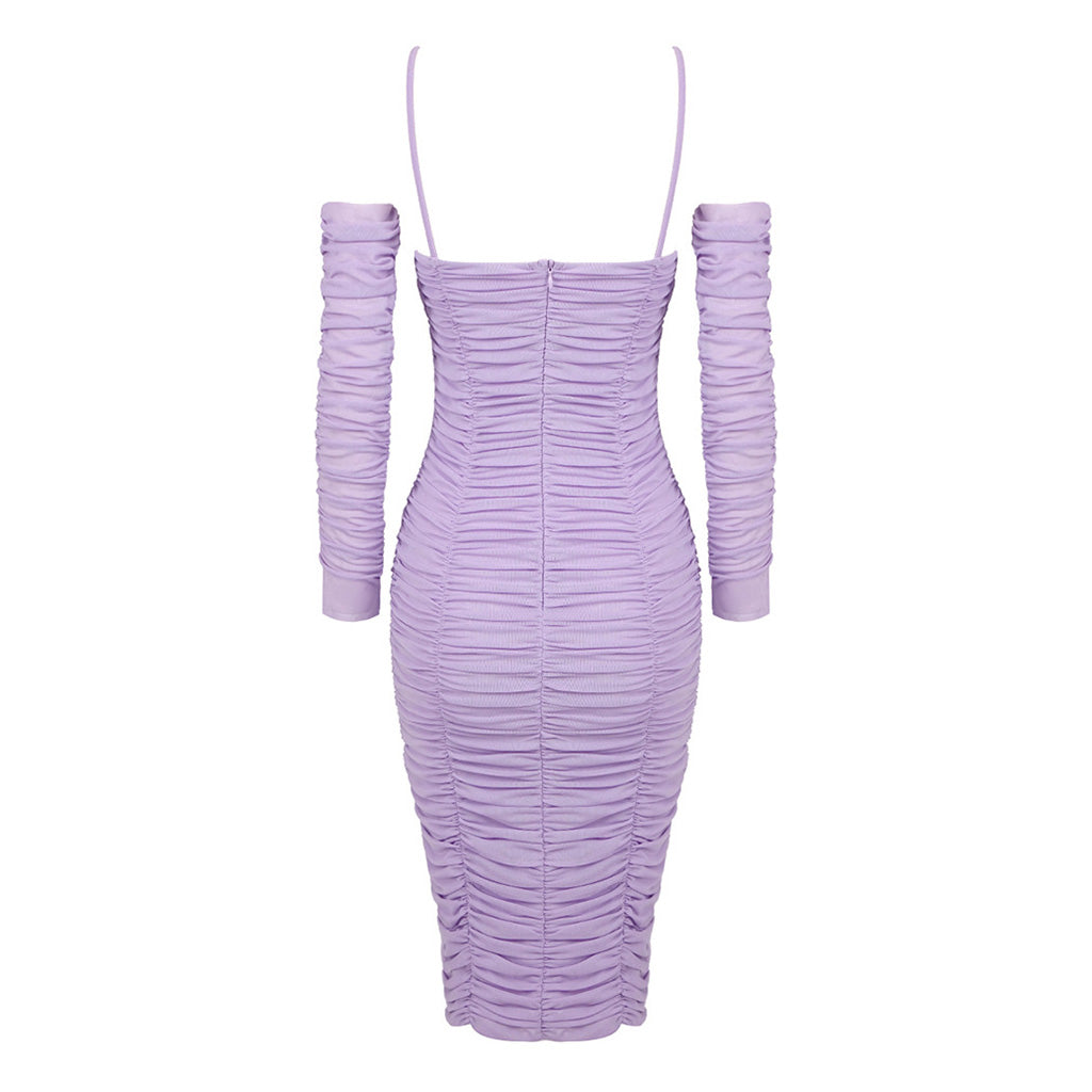 Feminine Spaghetti Strap Cutout Ruched Mesh Bodycon Rosette Midi Dress