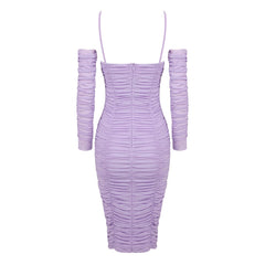 Feminine Spaghetti Strap Cutout Ruched Mesh Bodycon Rosette Midi Dress