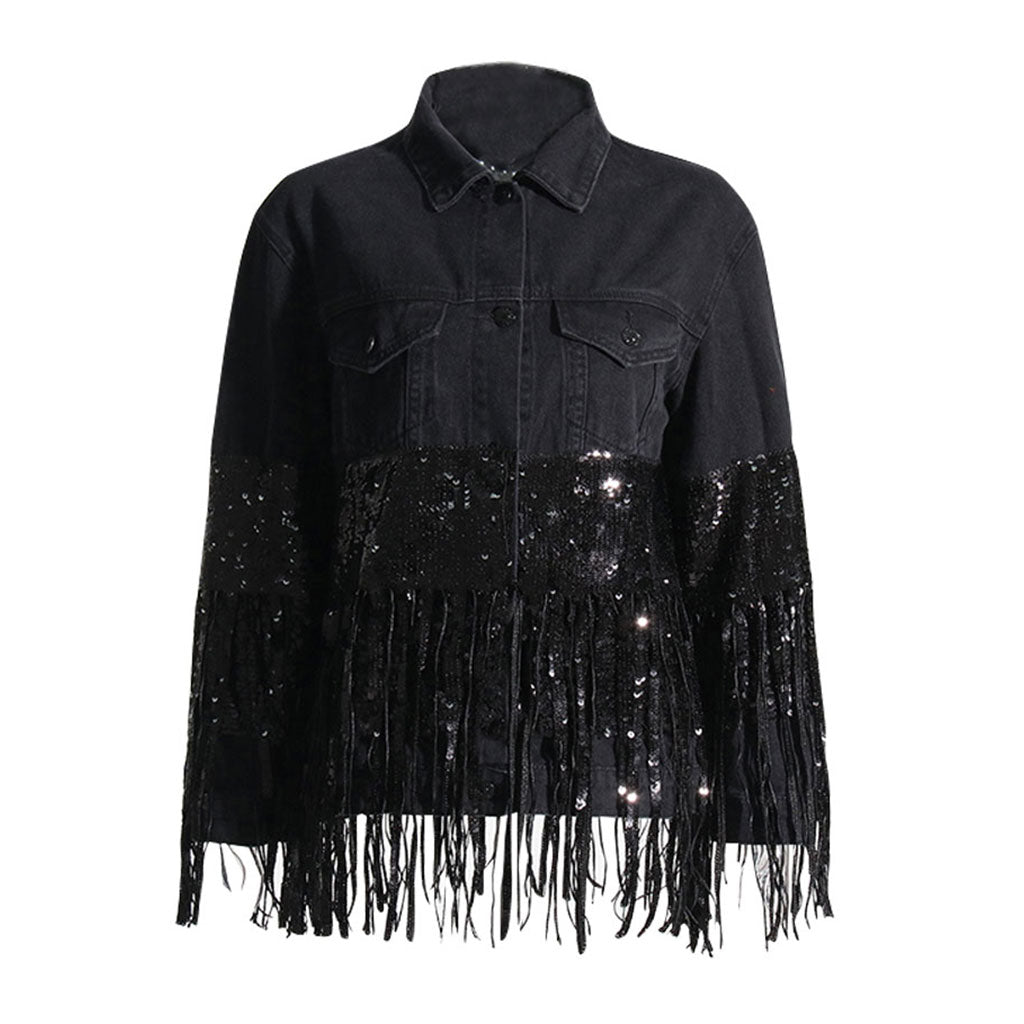 Flamboyant Collared Button Front Long Sleeve Sequin Fringe Denim Jacket