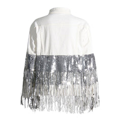 Flamboyant Collared Button Front Long Sleeve Sequin Fringe Denim Jacket