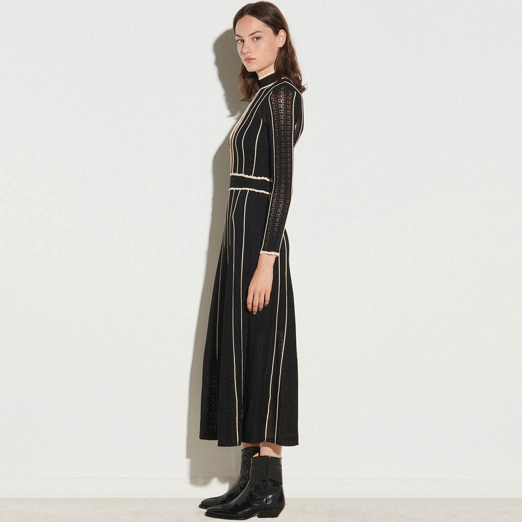 Flattering Stripe Long Sleeve High Neck Knit Pointelle Midi Dress - Black