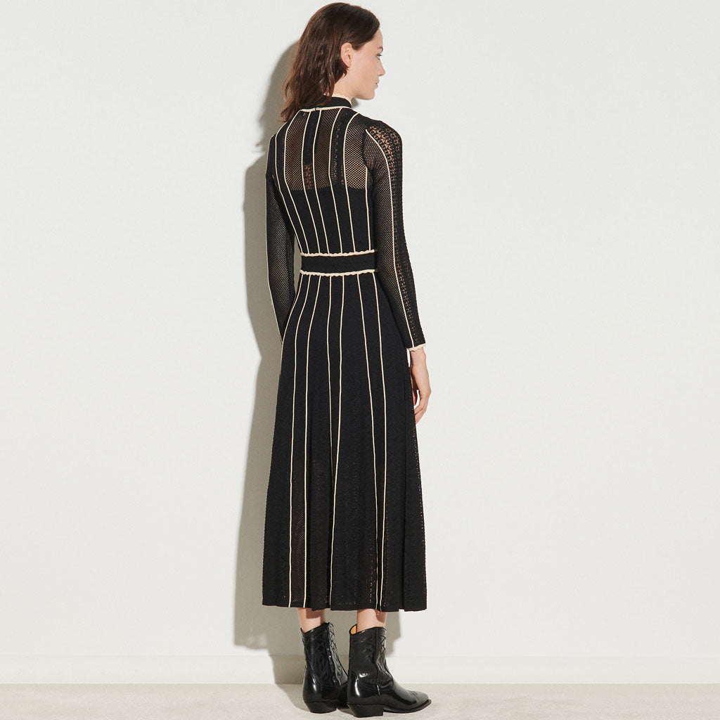 Flattering Stripe Long Sleeve High Neck Knit Pointelle Midi Dress - Black