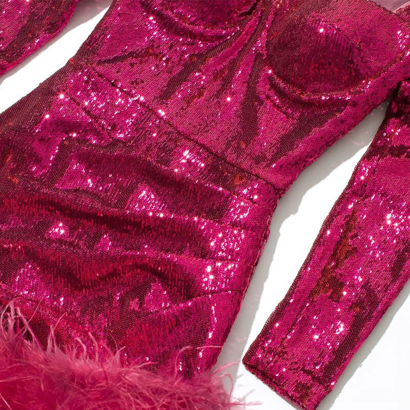 Flirty Faux Feather Trim Sweetheart Neck Long Sleeve Mini Sequin Dress - Fuchsia