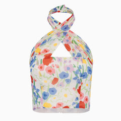 Cute Floral Printed Cross Halter Zip Back Crop Tube Top - Colorful