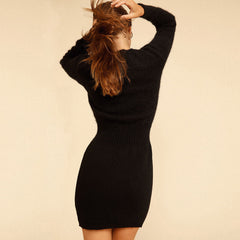 Fluffy Floral Appliqué Round Neck Long Sleeve Knit Mini Dress - Black