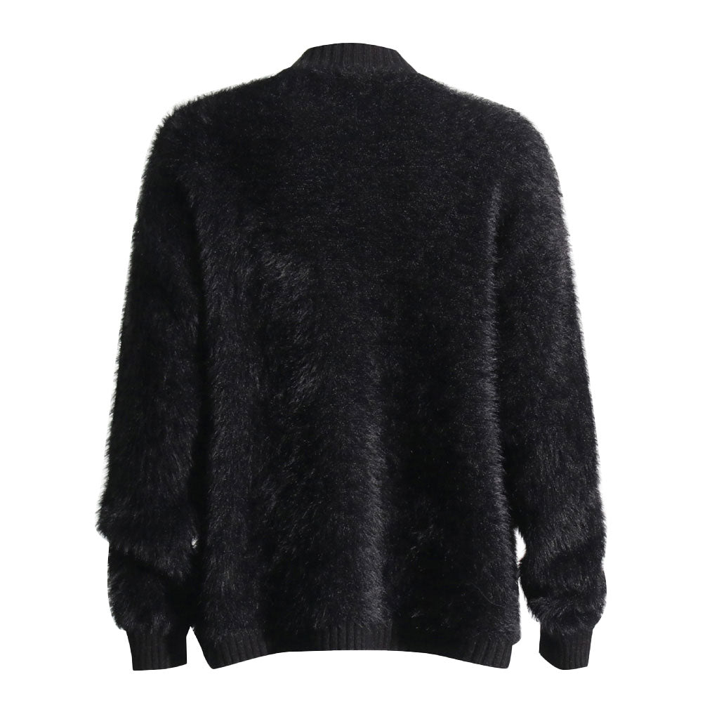 Fluffy Texture Ribbed Knit V Neck Button Up Long Sleeve Oversized Cardigan