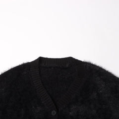 Fluffy Texture Ribbed Knit V Neck Button Up Long Sleeve Oversized Cardigan