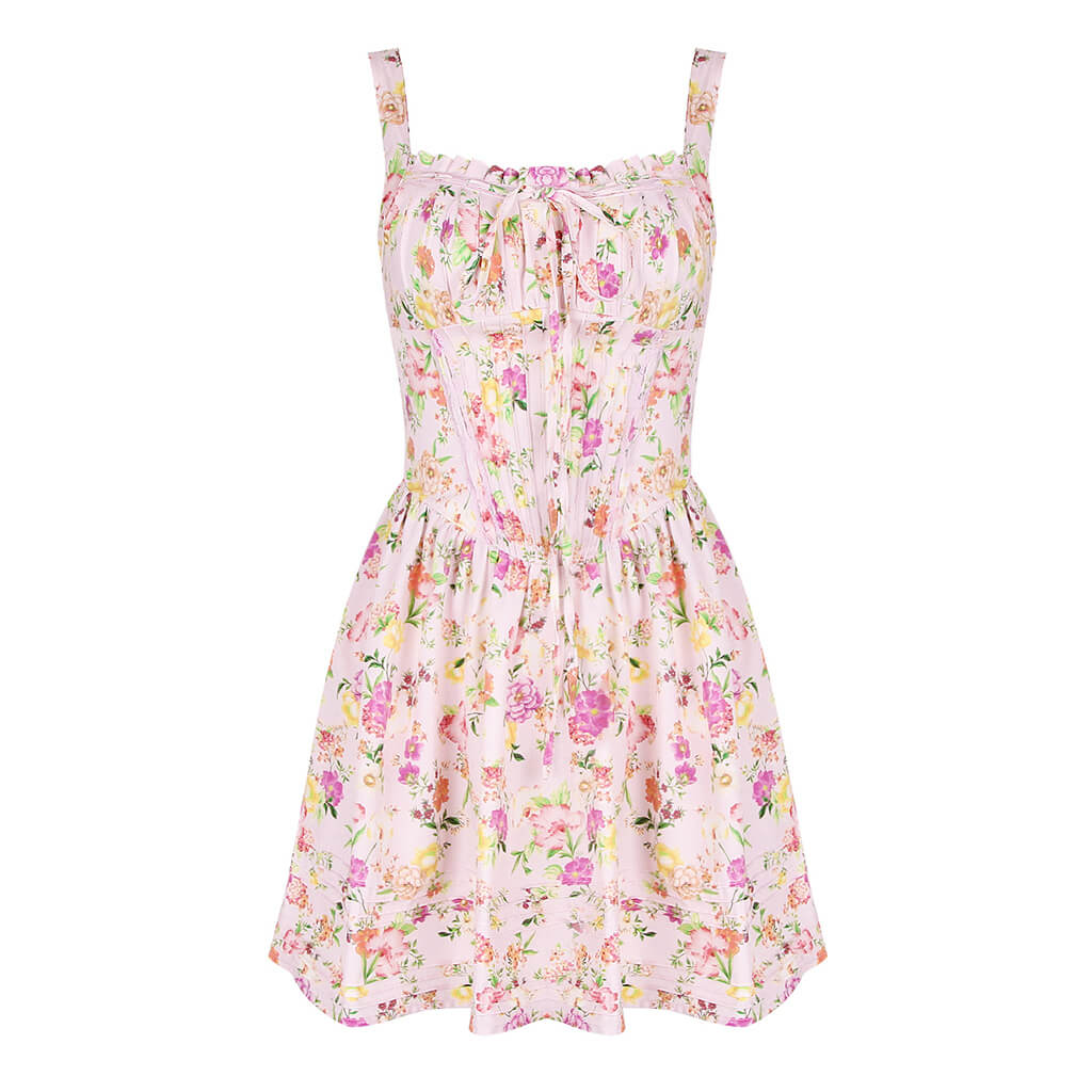 French Style Bow Trim Pleated Bustier Drop Waist Mini Floral Print Sundress