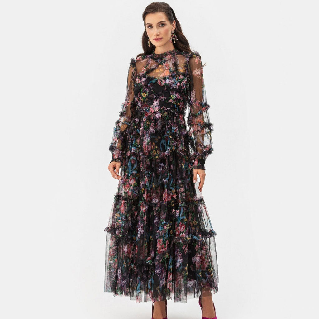 Exquisite Ruffled Mock Neck Long Sleeve Floral Gauze Tiered Maxi Dress