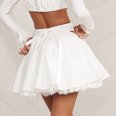 French Style High Waist Eyelash Scalloped Layered A Line Bow Mini Tutu Skirt