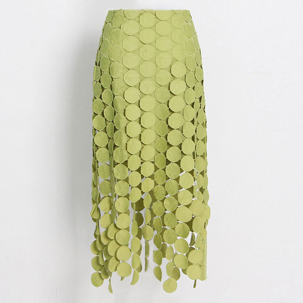 French Style High Waist Laser Cut Circle Fringe Asymmetrical Layered Midi Skirt