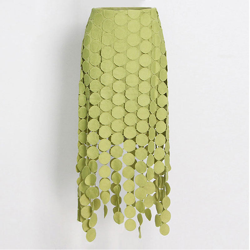 French Style High Waist Laser Cut Circle Fringe Asymmetrical Layered Midi Skirt