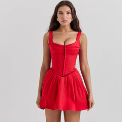 French Style Pleated Bustier Hook & Eye Drop Waist Flared Mini Sundress