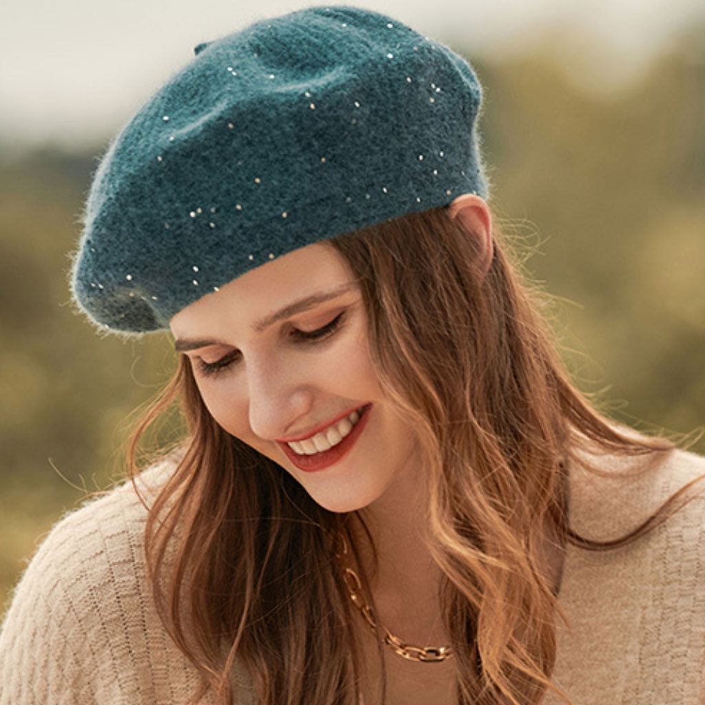 French Style Sparkled Sequin Trim Warm Textured Knit Beret